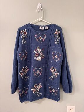 VTG Maggie Lawrence Blue Floral Embroidered Panel Sweater Sz 18 20 Cottagecore